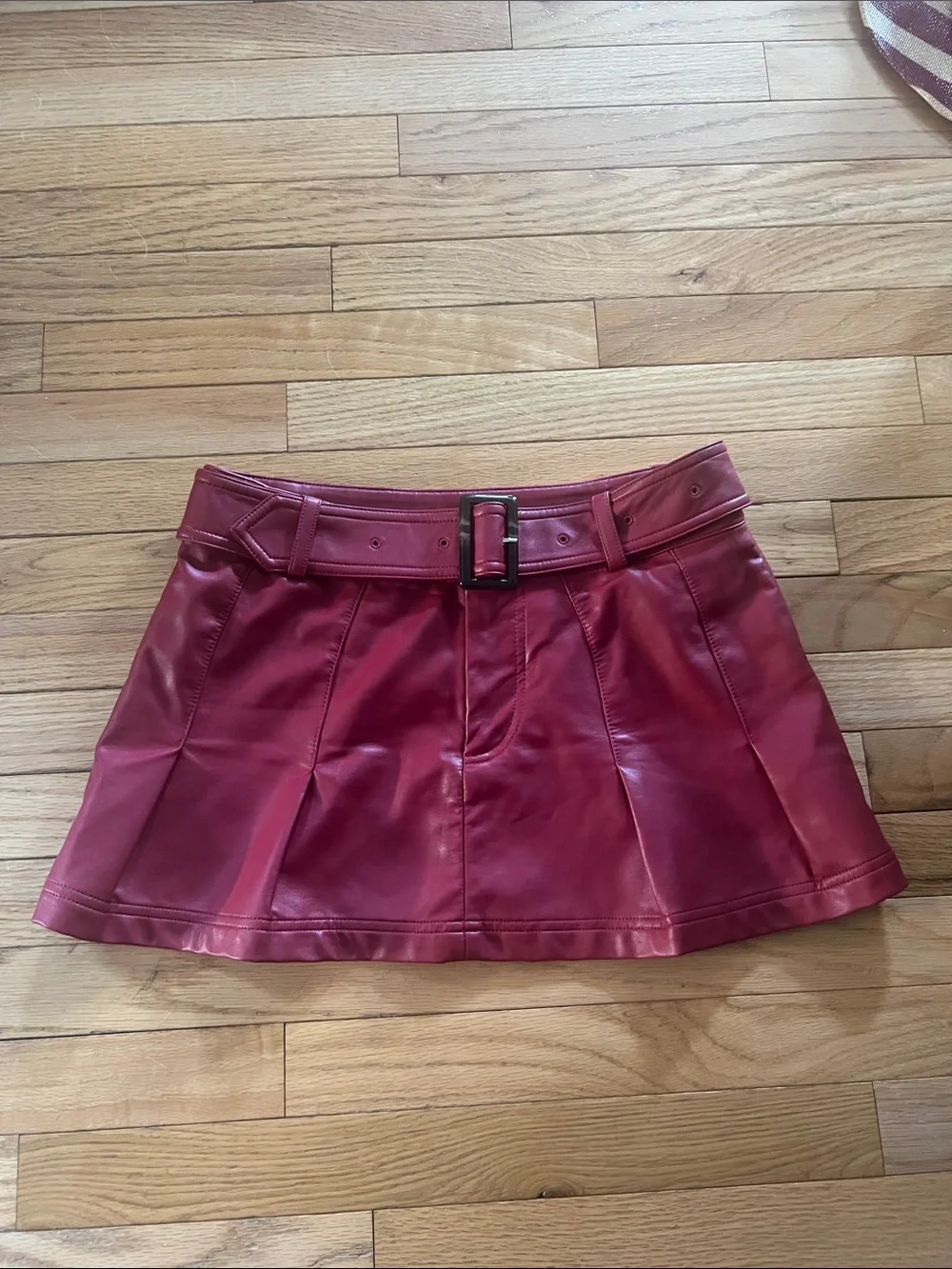 Belted‎ Faux Leather Mini Skirt in Wine Red